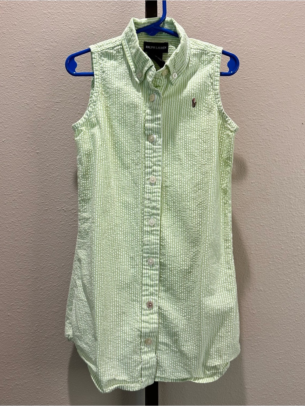 Ralph Lauren Girls' Sleeveless Seersucker Dress Shirt Light Green Stripe Cotton